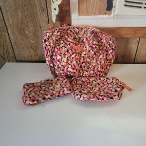 Vera Bradley 3 Pc Set Shoulder Bag Wallet W/ Turnlock, Make Up Bag